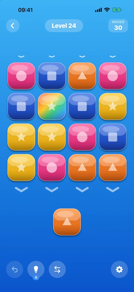 Level 24 in play: four columns of colour tiles, each marked with a circle, square, triangle or star, one rainbow wild tile among them, one tile held below the board and thirty moves left.