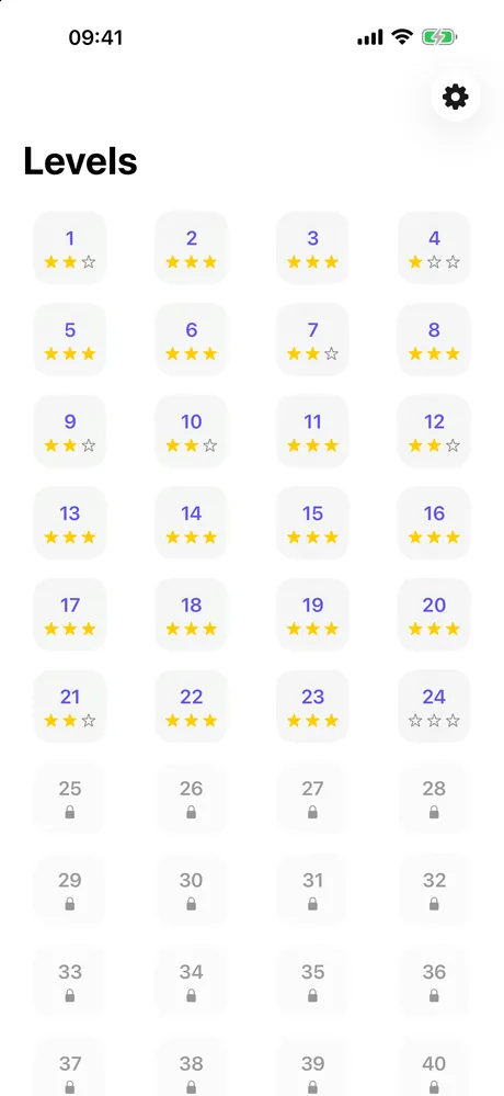 The level map, showing levels one to twenty-four rated one to three stars and the later levels still locked.