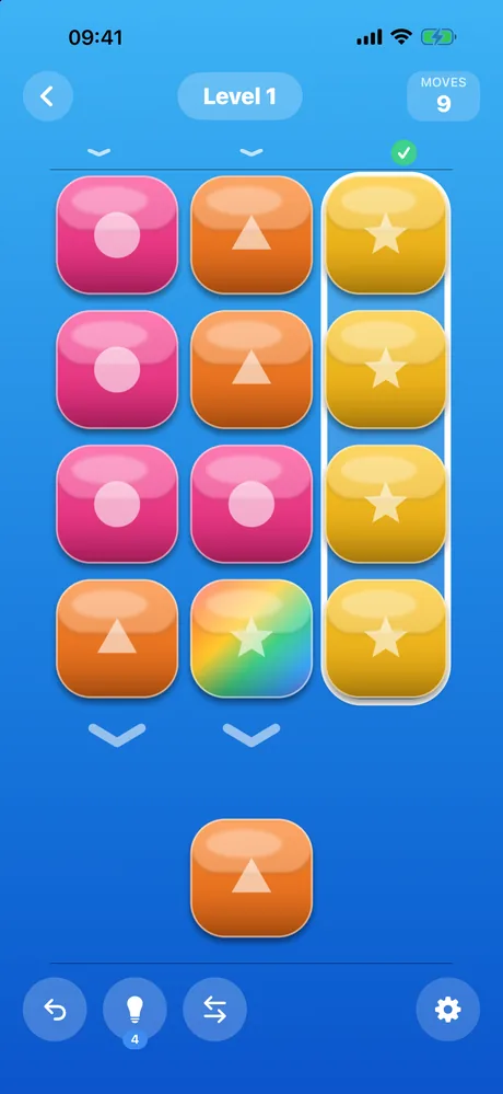 Level 1 mid-game: the right-hand column has filled with four matching yellow star tiles and sealed with a green check.